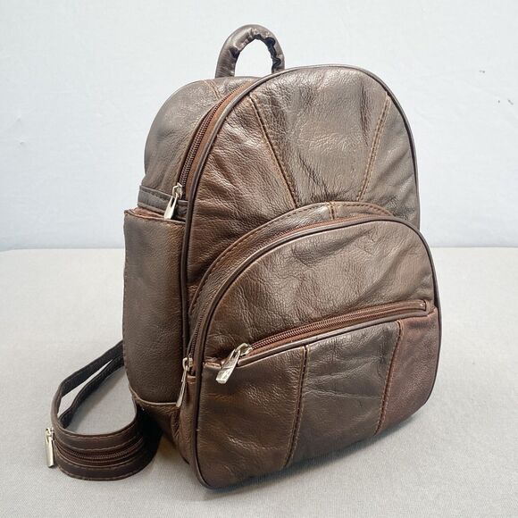 VTG 90s Pebbled Leather Patchwork Backpack Bag Womens Purse Brown Adjustable - Picture 1 of 16